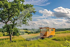 A tiny home on wheels in a picturesque landscape.