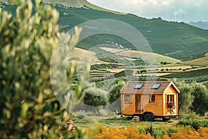 A tiny home on wheels in a picturesque landscape.