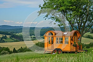 A tiny home on wheels in a picturesque landscape