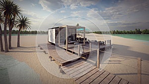 tiny house on the beach with wooden deck 3d illustration