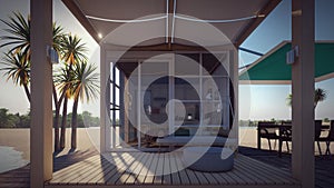 tiny house on the beach front elevation 3d illustration