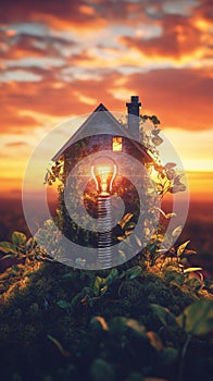 tiny house with glowing light bulb at sunset, nature concept