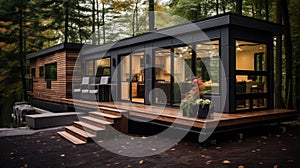 Tiny house living with a compact and modern interior design. Modular residential building made from recycled materials