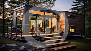 Tiny house living with a compact and modern interior design. Modular residential building made from recycled materials
