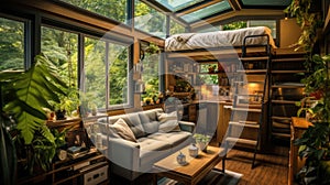 Tiny house living with a compact and modern interior design. Modular residential building made from recycled materials