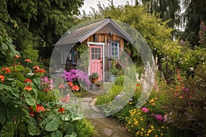 tiny house in lush garden, with colorful flowers and greenery