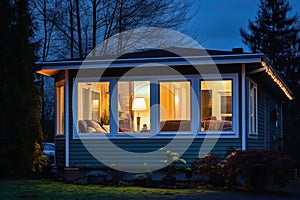 tiny house at night with warm light from windows