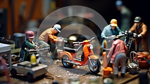 Tiny human toys working in unison, repairing a motorcycle with their miniature tools