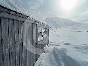 Tiny hut shelter in a mountain pass