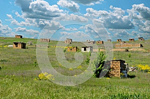 Tiny huts in the field