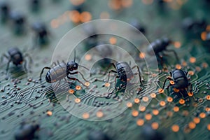 Tiny insects navigating a circuit board filled with electrical components and patterns