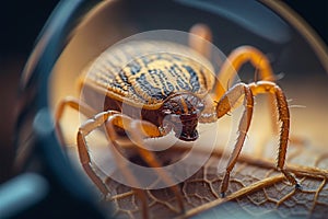 Tiny intruder Tick under magnifying glass, close up examination concept