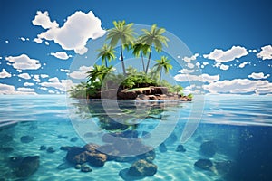 Tiny isle, palm trees afloat in the serene ocean expanse