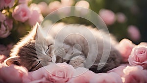 A tiny kitten with a coat as soft as silk, snoozing soundly amidst a bed of lush pink roses,