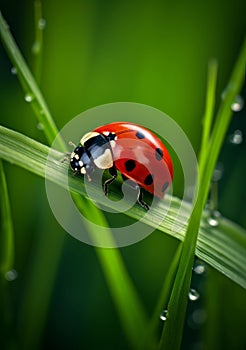 A tiny ladybug crawling along a blade of grass with water drops , generated by AI.