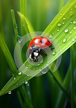 A tiny ladybug crawling along a blade of grass with water drops , generated by AI.