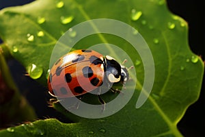 Tiny ladybug crawls along the leafs border, a minuscule explorer