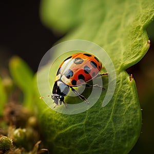 Tiny ladybug crawls along the leafs border, a minuscule explorer