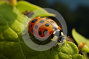 Tiny ladybug crawls along the leafs border, a minuscule explorer