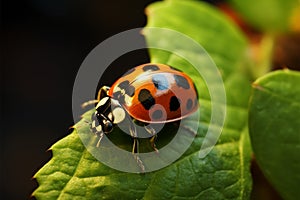 Tiny ladybug crawls along the leafs border, a minuscule explorer