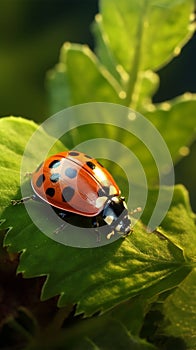 Tiny ladybug crawls along the leafs border, a minuscule explorer