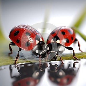 Tiny ladybugs on fragile leaves looking at each other kissing or drinking water. 3d closeup macro