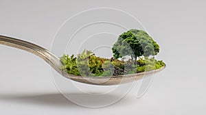 Tiny Landscape with Tree Displayed on a Spoon in Minimalist Style photo
