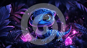 A tiny, luminous lizard in a mystical, dark forest