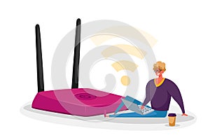 Tiny Male Character with Laptop and Coffee Cup Sitting at Huge Wifi Router Using Wireless Internet Connection Concept