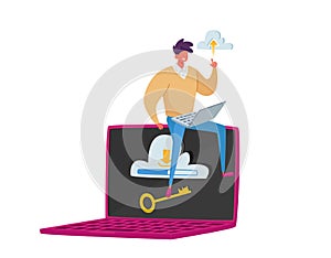 Tiny Male Character Sitting on Huge Laptop with Cloud and Key on Screen. Virtual Storage, Computing Technology Concept