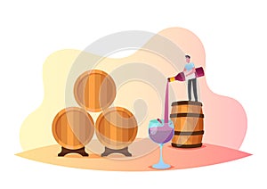 Tiny Male Character Stand on Huge Barrel Pouring Wine in Glass. Tasting Wine at Vault, Winemaking Batonnage, Maceration
