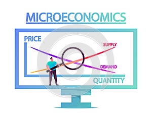 Tiny Male Character Stand with Magnifying Glass at Huge Computer Screen with Microeconomics Graph Contain Price photo