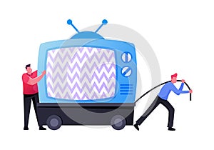 Tiny Male Characters Moving Old Television on Dump. Tv Garbage, Rubbish, Electronic Junk, Recycling