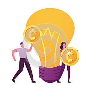 Tiny Male and Female Characters Carry Golden Money Coins at Huge Glowing Lightbulb. People Sponsoring Creative Business
