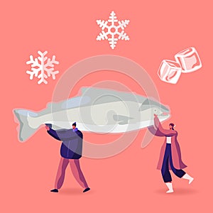 Tiny Male and Female Characters Carry Huge Frozen Fish with Snow Flakes and Ice Cubes around. Healthy Refrigerated Food