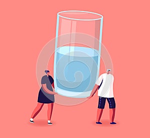 Tiny Male and Female Characters Carry Huge Glass with Fresh Water. Healthy Lifestyle, Pure Aqua Refreshment, Weight Loss