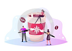 Tiny Male Female Characters Decorating Huge Cup of Coffee with Snowflakes Ornament for Christmas Holiday. Xmas Beverage
