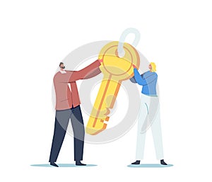 Tiny Male and Female Characters Holding Huge Golden Key. Business Motivation, Complicated Task Solution, Safety