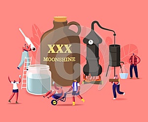 Tiny Male Female Characters Make Moonshine in Home Conditions Using Accessories for Homemade Alcohol Production