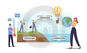 Tiny Male and Female Characters Presenting Earth Biosphere Infographics. Atmosphere, Lithosphere and Hydrospehre