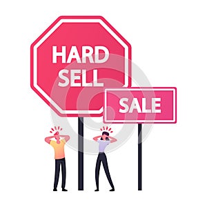 Tiny Male and Female Characters Suffer of Intrusive Adware Stand at Huge Hard Sell and Sale Promo Advertisement Banners photo