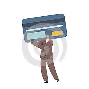 Tiny Man Carry Huge Card Got Good Credit Score Rate. Cashless Payment or Transfer Money. Banking Transaction