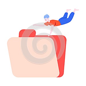 Tiny Man Character with Huge Computer Folder Vector Illustration