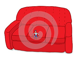 Tiny man feeling small on couch