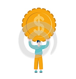 Tiny Man give coin with dollar vector finance sign. Business growth illustration for smart investment concept. Profit