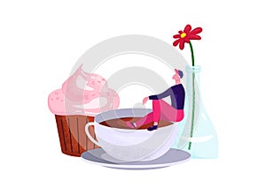 Tiny man sitting in a giant coffee cup beside a large cupcake and flower in a bottle. Relaxation, whimsy, and coffee