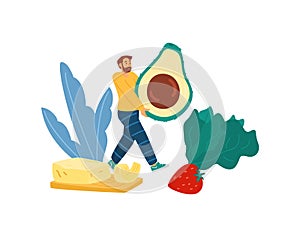 Tiny man among vegetables and sources of fats, flat vector illustration isolated.