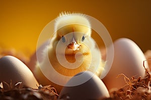 Tiny marvel Cute chick explores its world, symbolizing newborn joy