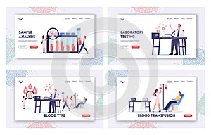 Tiny Medic Characters Working Laboratory Examining Blood Types Landing Page Template Set. Nurse Taking Donor Lifeblood