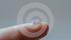 Tiny microchip on tip of human finger, on pale grey background. Copy space. Macro.
